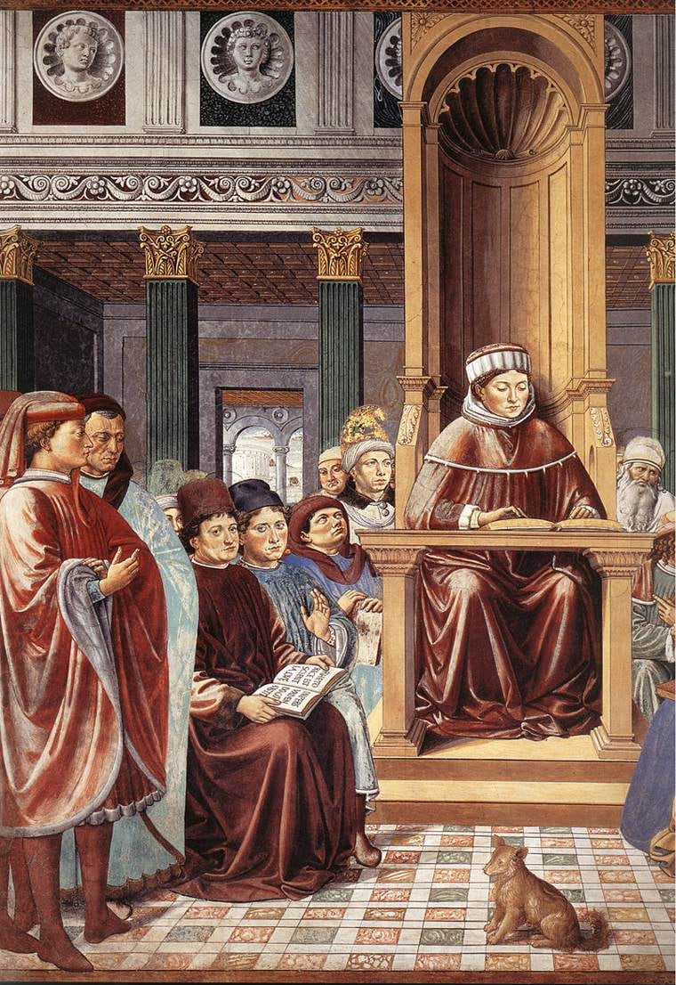 Agustín enseña en Roma (Benozzo Gozzoli, 1464–1465, detalle)