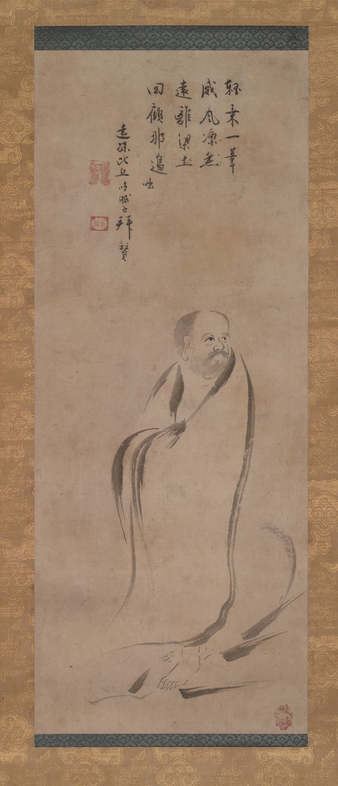 Bodhidharma cruzando el Yangtsé sobre una caña, de Kanō Sōshū (finales del siglo XVI)
