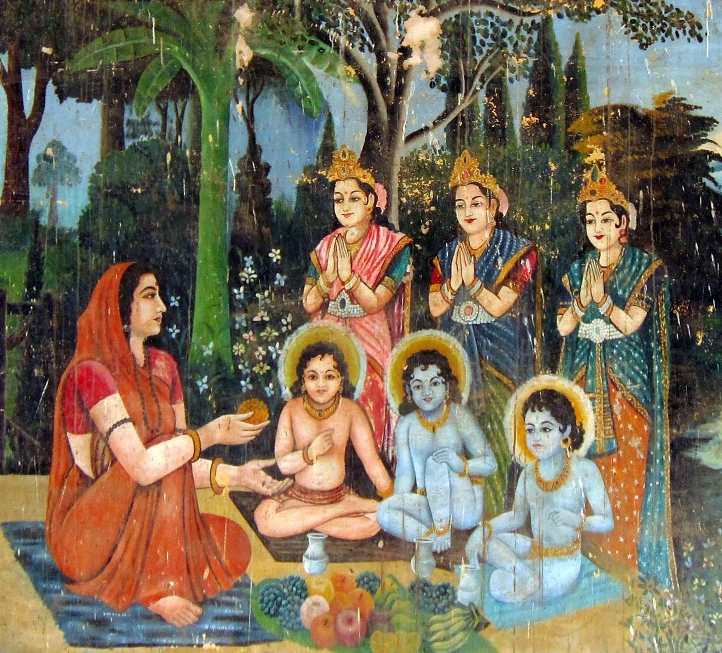 Anasūyā alimenta a la trimūrti, pintura mural de Porbandar