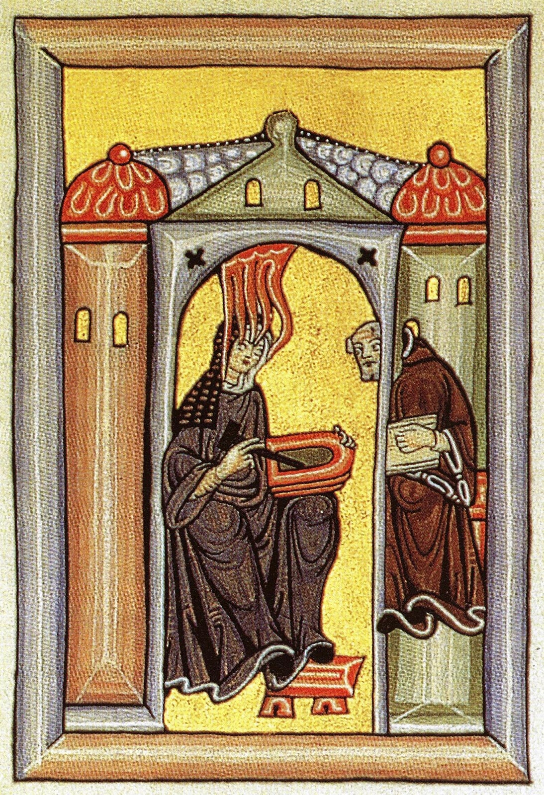 Hildegarda recibe la visión y la dicta a Volmar (Scivias de Rupertsberg)