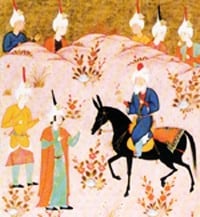 Ibn Arabi a caballo con dos discípulos (miniatura safaví)