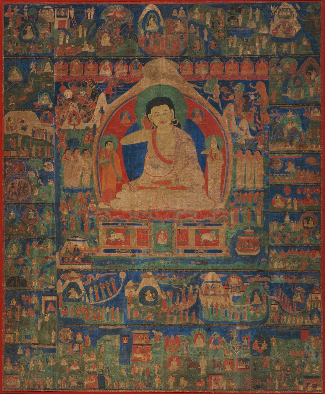 La vida de Milarepa, tangka narrativo, Tíbet occidental, c. 1500 (LACMA M.81.90.2)