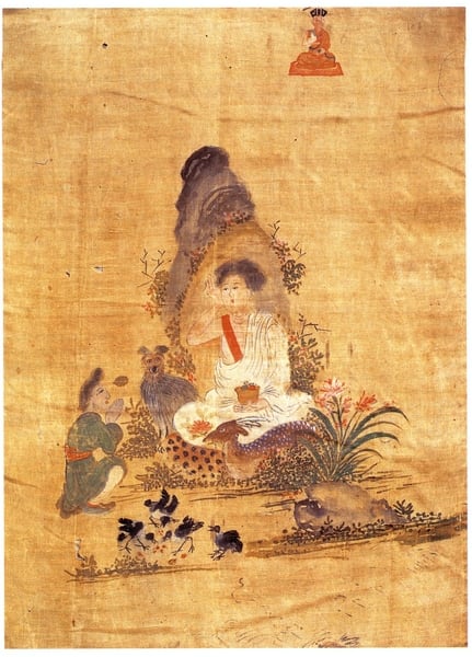 Milarepa, Gonpo Dorje, la cierva y el perro, por Chöying Dorje, Décimo Karmapa (1613)