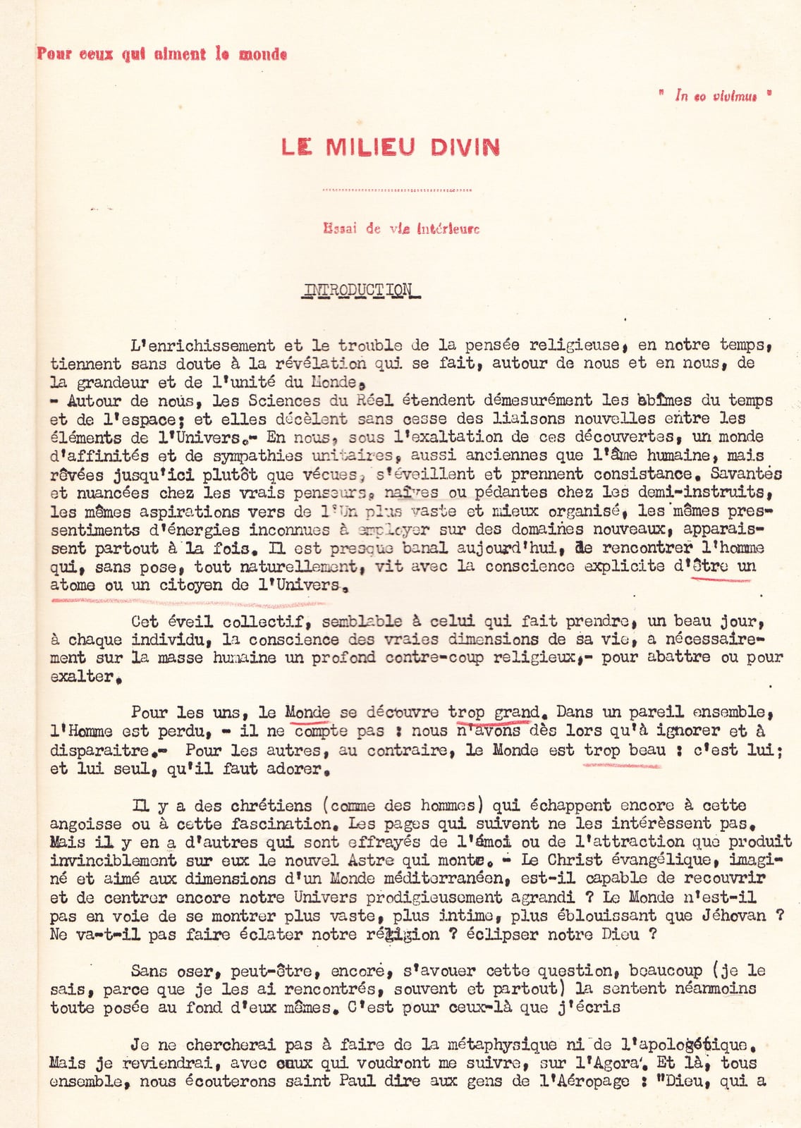 Copia mimeografiada de Le Milieu divin