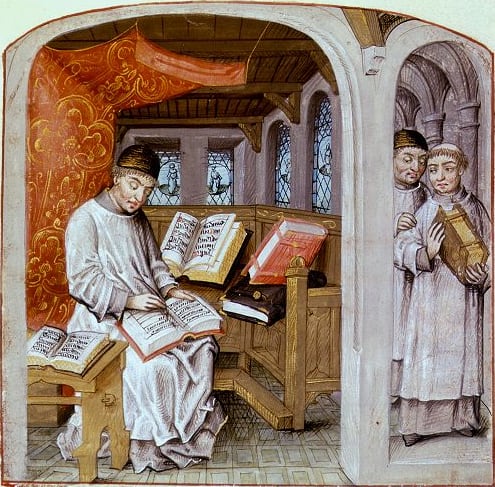 Thomas a Kempis escribiendo (miniatura de la Imitación)