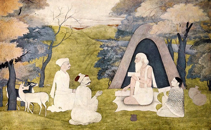 Vālmīki enseña el Rāmāyaṇa a Kuśa y Lava