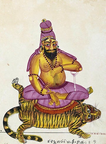 Maharishi Vasiṣṭha sentado sobre una piel de tigre